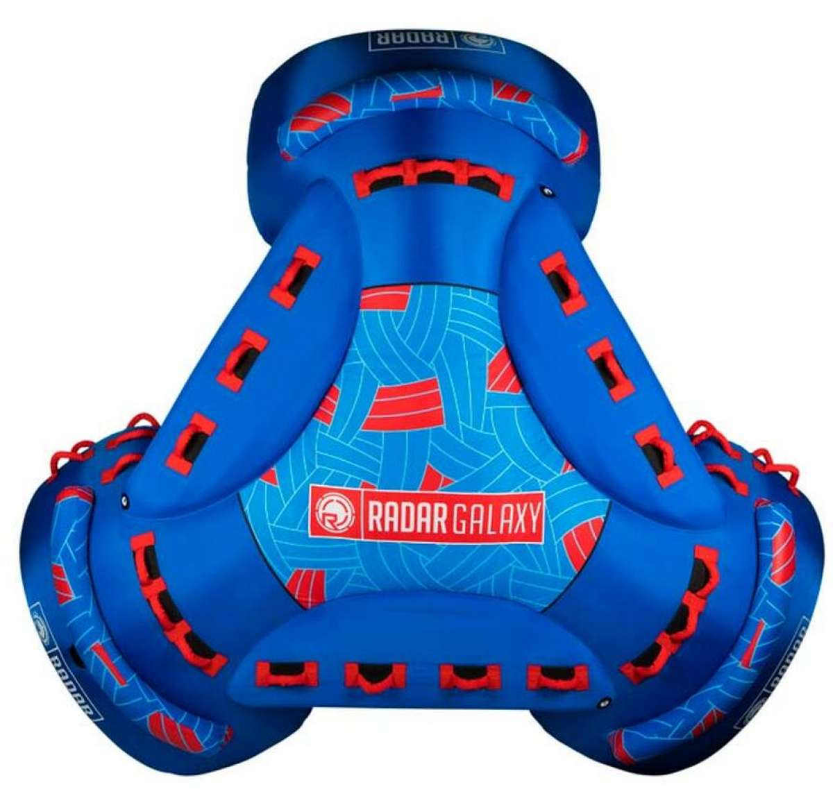 Radar Galaxy 4-Person Inflatable Tube - Blue tube with red accents and a geometric pattern on the inner surface.