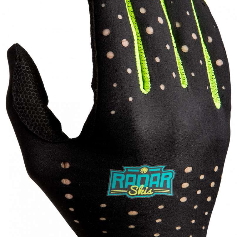 Radar Range Glove 2023 - A black glove with neon green accents on the fingers and thumb, featuring a textured palm for grip.
