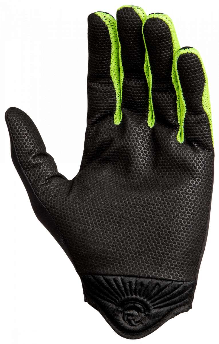 Radar Range Glove 2023 - A black glove with a textured pattern on the palm and fingers, featuring neon green accents along the edges.