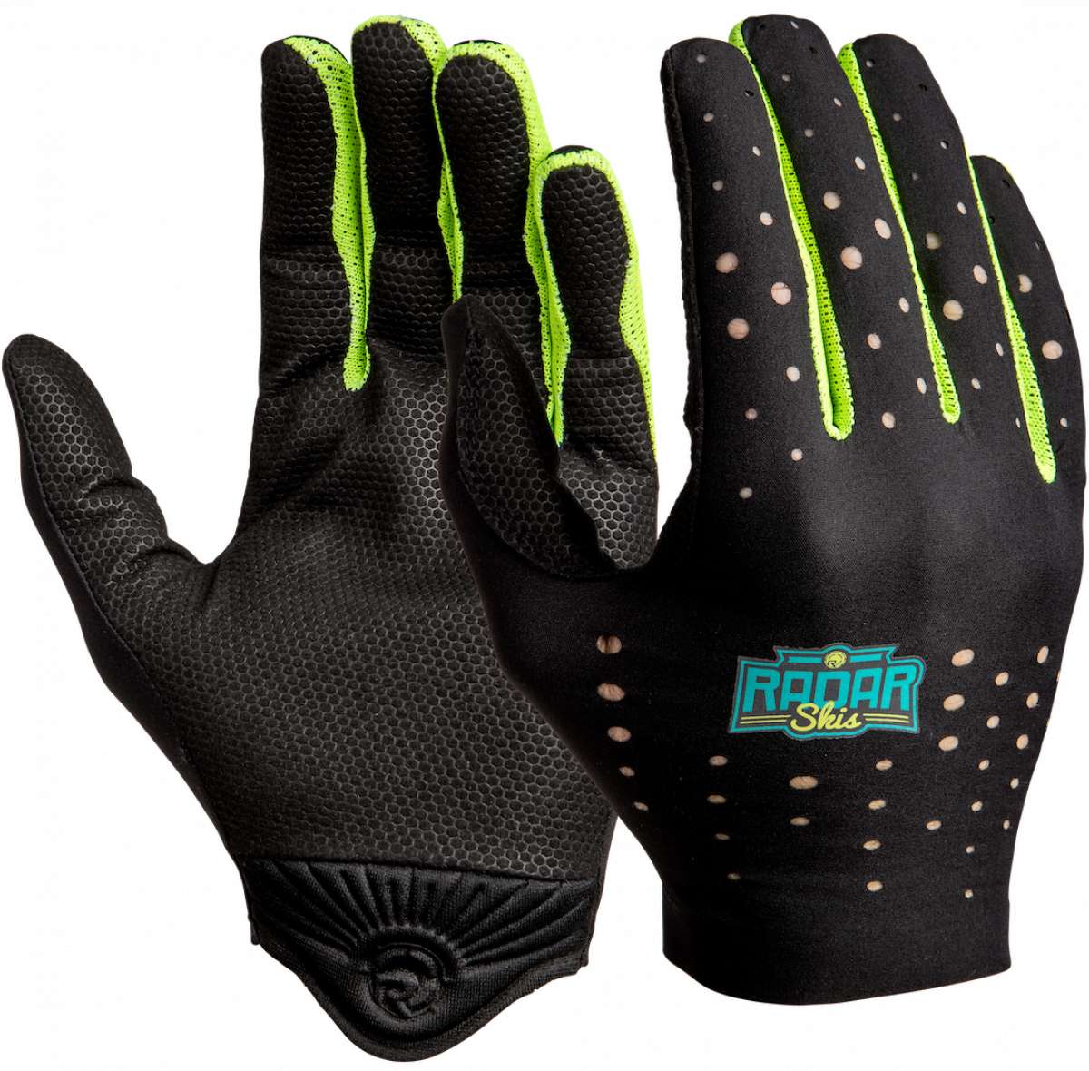 Radar Range Glove 2023 - A black glove with a textured palm and neon green accents on the fingers.