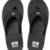 Reef Men's Fanning Sandal - A pair of black sandals with a white logo on top, featuring a strap and toe post.