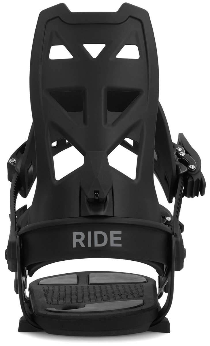 Ride A-8 Snowboard Binding 2024 - Black snowboard bindings with silver screws and buckles.