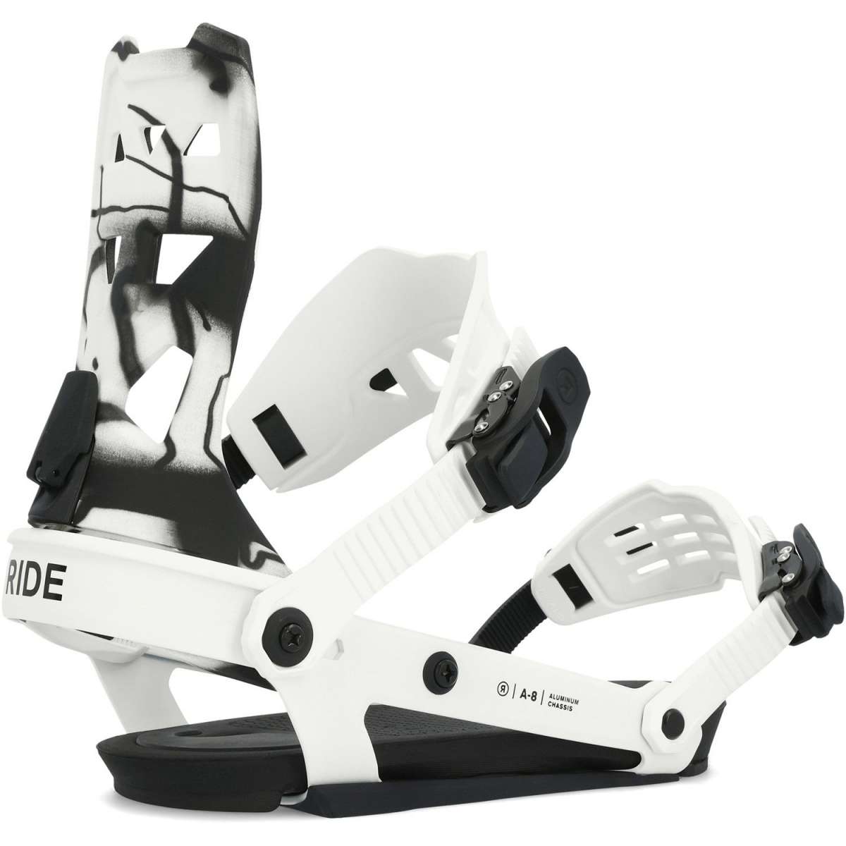Ride A-8 Snowboard Binding 2024 - White snowboard bindings with black buckles and straps.