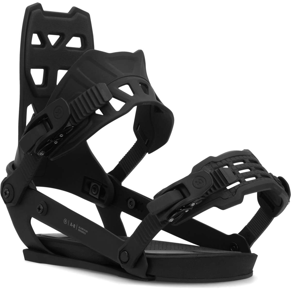 Ride A-8 Snowboard Binding 2024 - Black snowboard bindings with silver screws and bolts.
