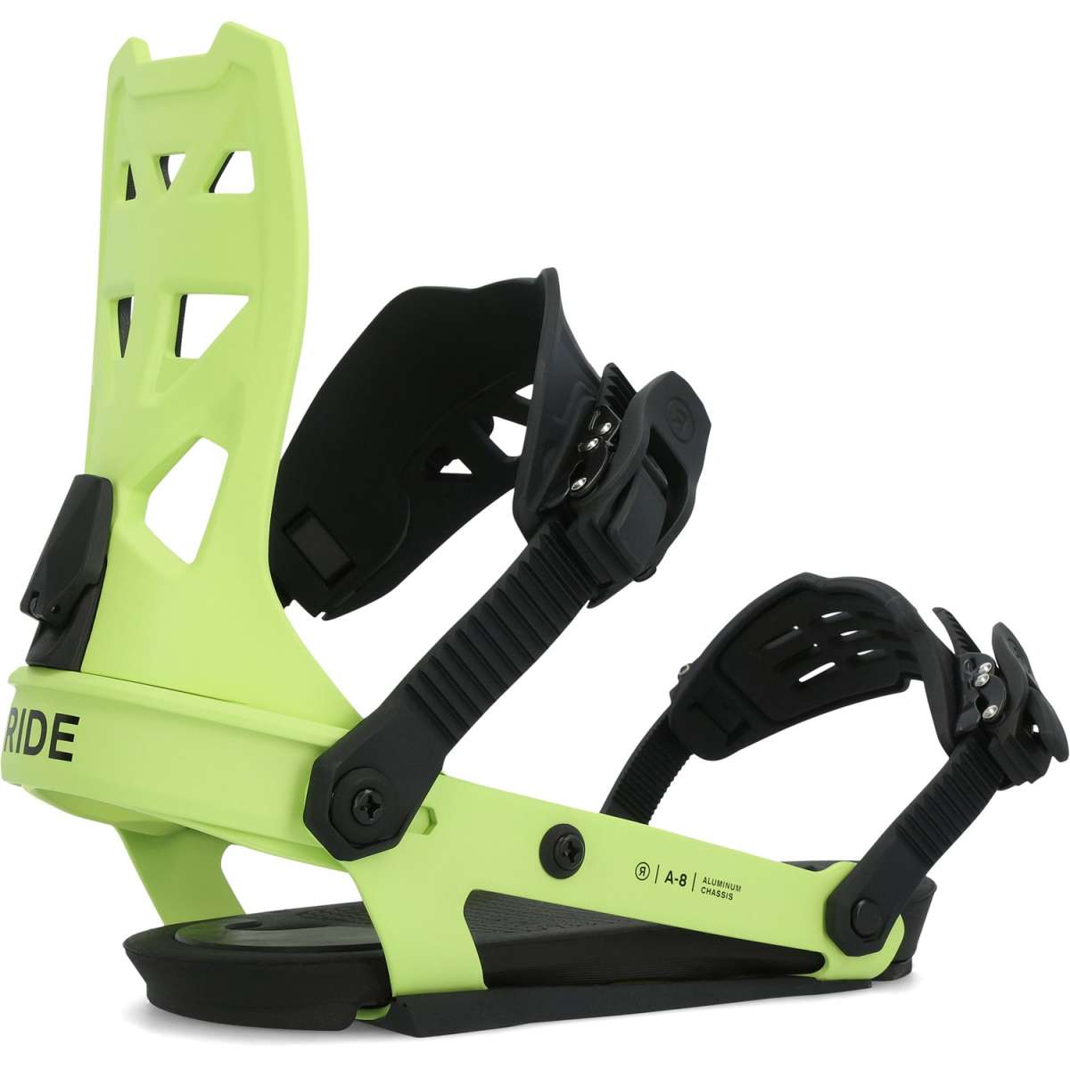 Ride A-8 Snowboard Binding 2024 - Lime green bindings with black buckles and straps.