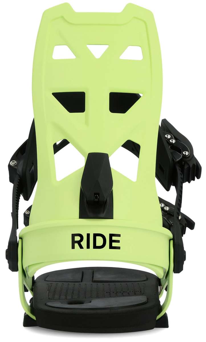 Ride A-8 Snowboard Binding 2024 - Black snowboard bindings with silver screws and buckles.