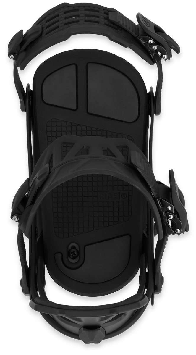 Ride A-8 Snowboard Binding 2024 - Black snowboard bindings with silver screws and bolts.