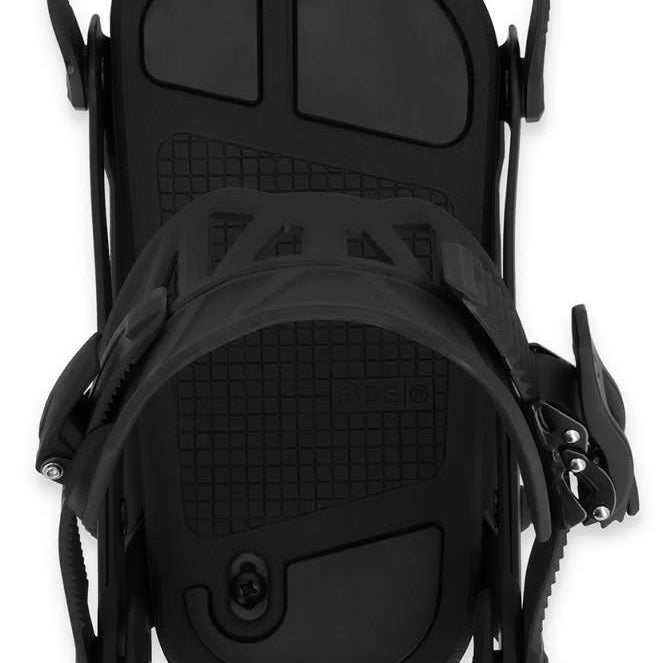 Ride A-8 Snowboard Binding 2024 - Black snowboard bindings with silver screws and bolts.