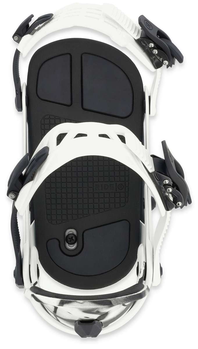 Ride A-8 Snowboard Binding 2024 - Black bindings with silver screws and bolts on a white background.