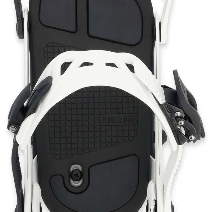 Ride A-8 Snowboard Binding 2024 - Black bindings with silver screws and bolts on a white background.
