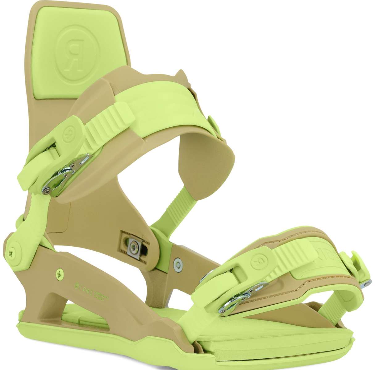 Ride C-6 Snowboard Binding 2024 - A tan snowboard binding with a rectangular logo on top of the strap and silver buckles.