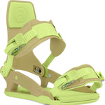 Ride C-6 Snowboard Binding 2024 - A tan snowboard binding with a rectangular logo on top of the strap and silver buckles.
