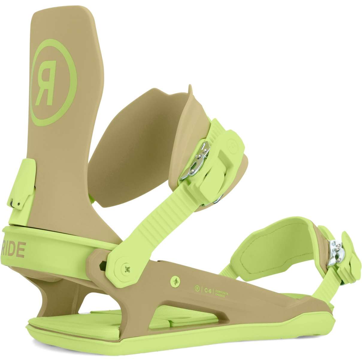 Ride C-6 Snowboard Binding 2024 - A tan snowboard binding with a lime green logo on the strap and buckle.