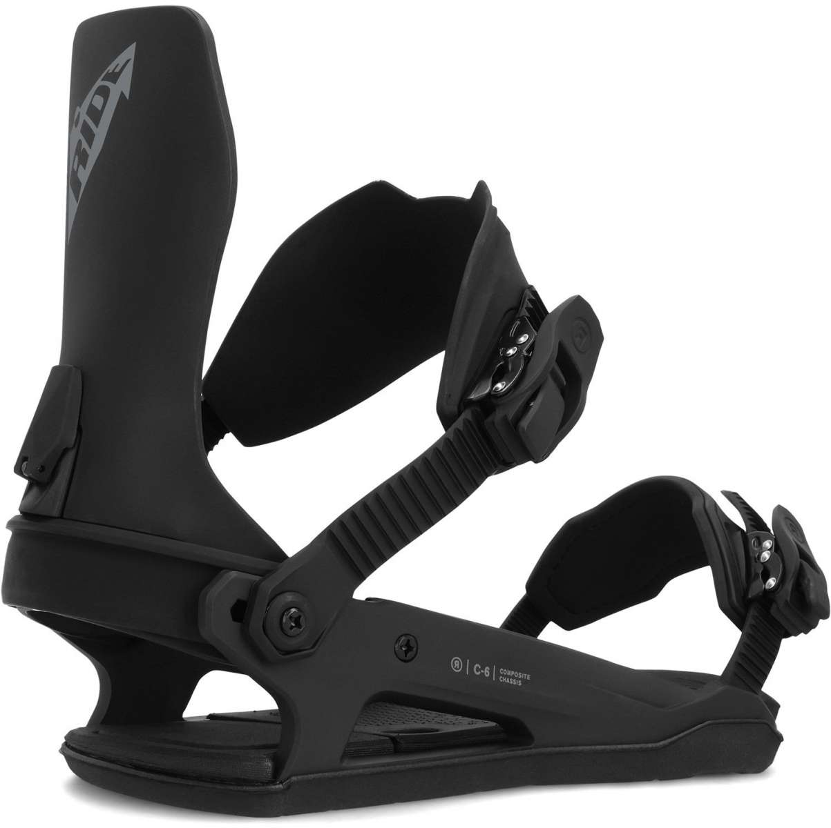 Ride C-6 Snowboard Binding 2024 - Black snowboard bindings with silver screws and bolts.