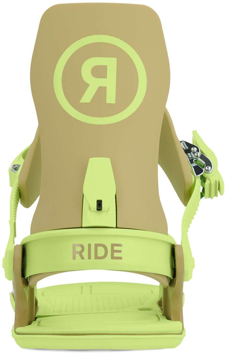 Ride C-6 Snowboard Binding 2024 - A tan snowboard binding with a large "R" logo in light green, encircled by a matching ring.