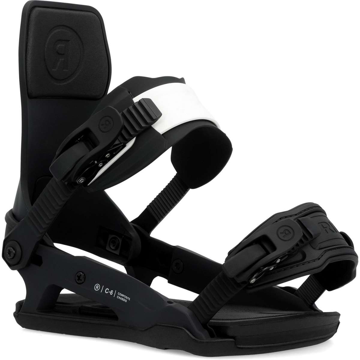 Ride C-6 Snowboard Binding 2024 - Black snowboard bindings with white accents on buckles and straps.