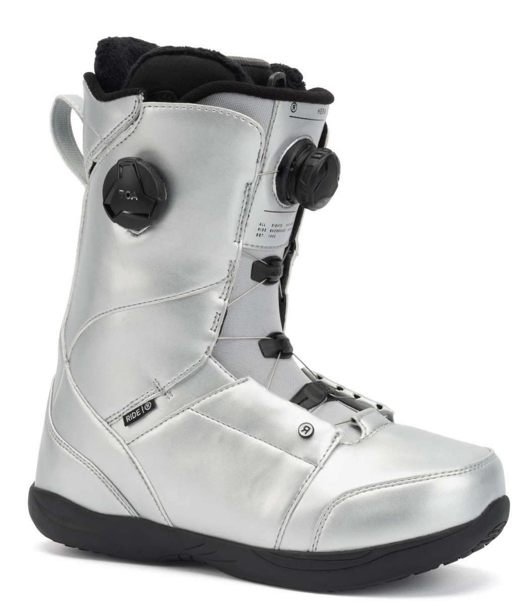 Ride Ladies Hera Snowboard Boots 2022 - A pair of white snowboard boots with black laces and a black logo on the side.