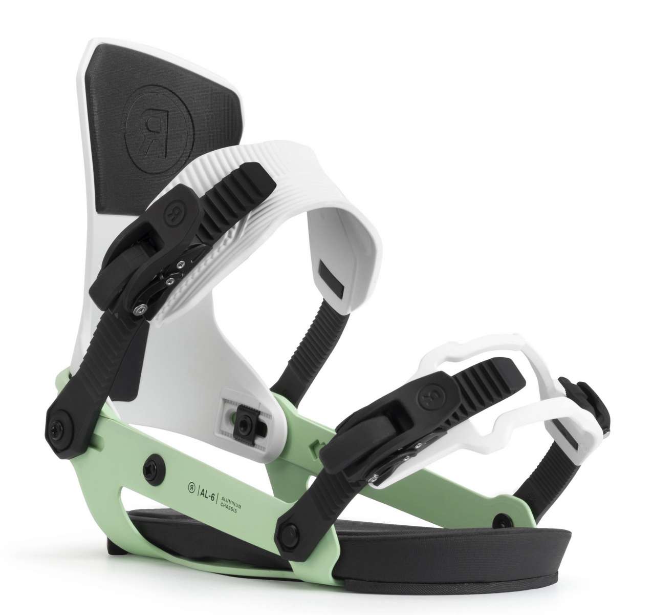 Ride Ladies AL-6 Snowboard Bindings 2022 - A pair of white and mint green snowboard bindings with black buckles.