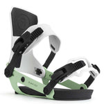 Ride Ladies AL-6 Snowboard Bindings 2022 - A pair of white and mint green snowboard bindings with black buckles.