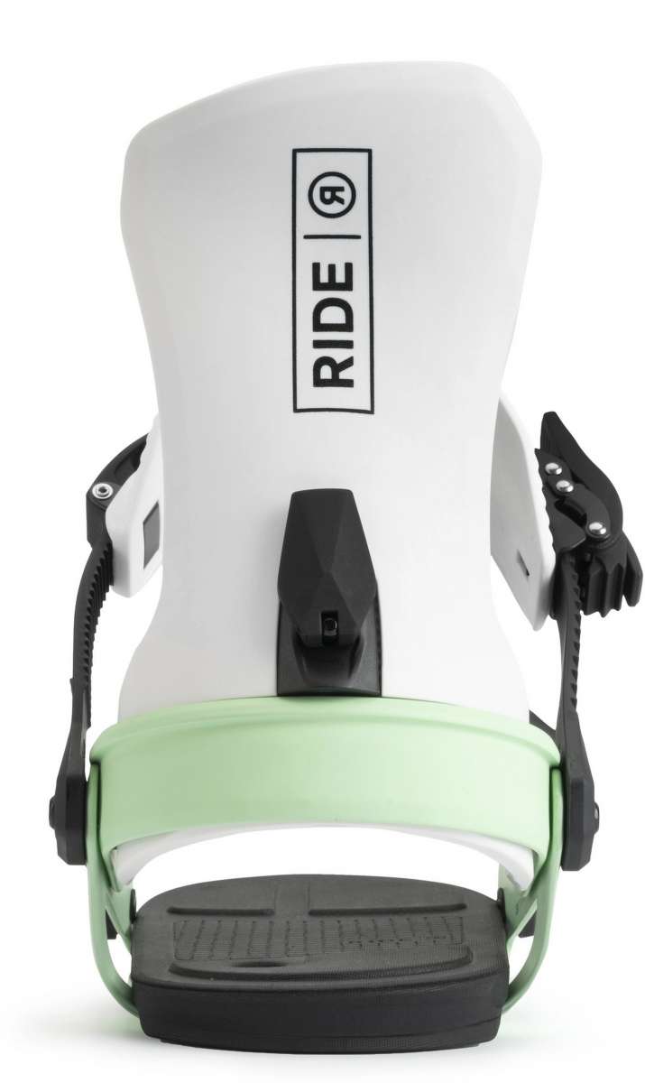Ride Ladies AL-6 Snowboard Bindings 2022 - A pair of white snowboard bindings with black buckles and straps, featuring a rectangular logo on top that reads "RIDE" in black letters.