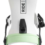 Ride Ladies AL-6 Snowboard Bindings 2022 - A pair of white snowboard bindings with black buckles and straps, featuring a rectangular logo on top that reads "RIDE" in black letters.