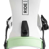 Ride Ladies AL-6 Snowboard Bindings 2022 - A pair of white snowboard bindings with black buckles and straps, featuring a rectangular logo on top that reads "RIDE" in black letters.