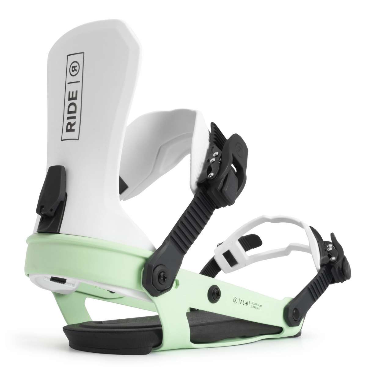 Ride Ladies AL-6 Snowboard Bindings 2022 - A pair of white snowboard bindings with black buckles and straps.