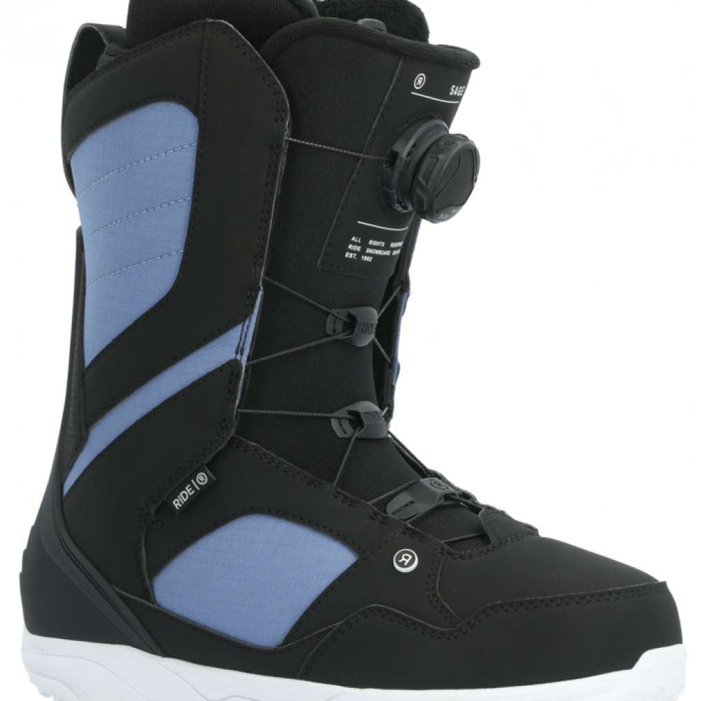 Ride Women's Sage Snowboard Boot 2024 - Black snowboard boots with light blue accents and a white sole.
