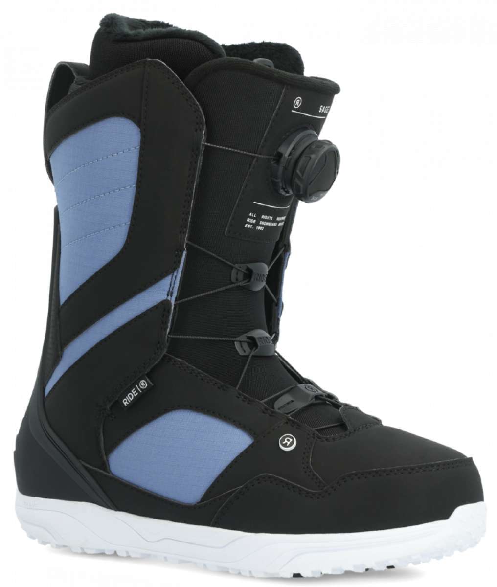 Ride Women's Sage Snowboard Boot 2024 - Black snowboard boots with light blue accents and a white sole.