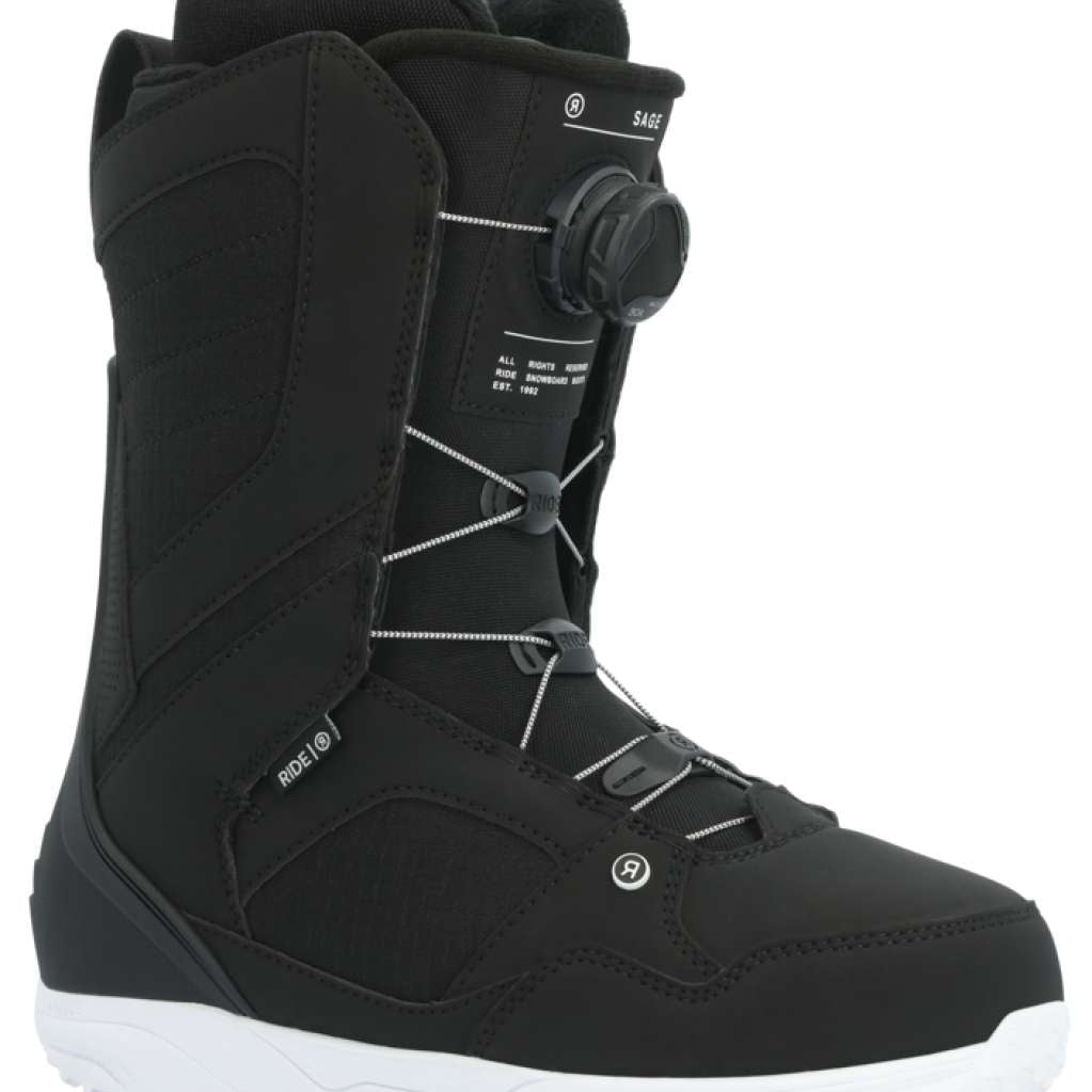 Ride Women's Sage Snowboard Boot 2024 - Black snowboard boot with white laces and a black strap on top.