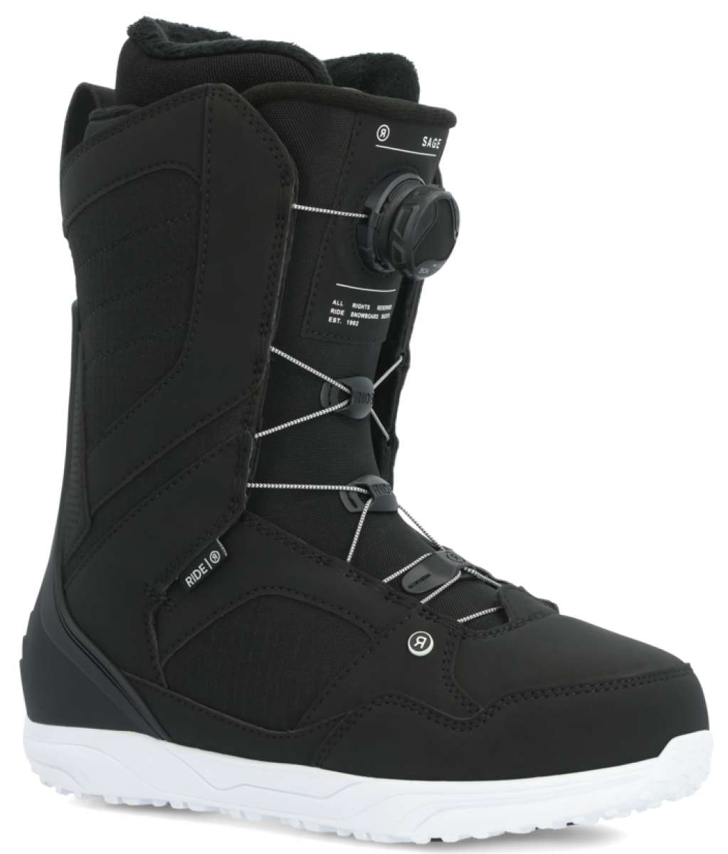 Ride Women's Sage Snowboard Boot 2024 - Black snowboard boot with white laces and a black strap on top.