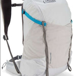 CamelBak - A white backpack with a blue zipper and gray straps.