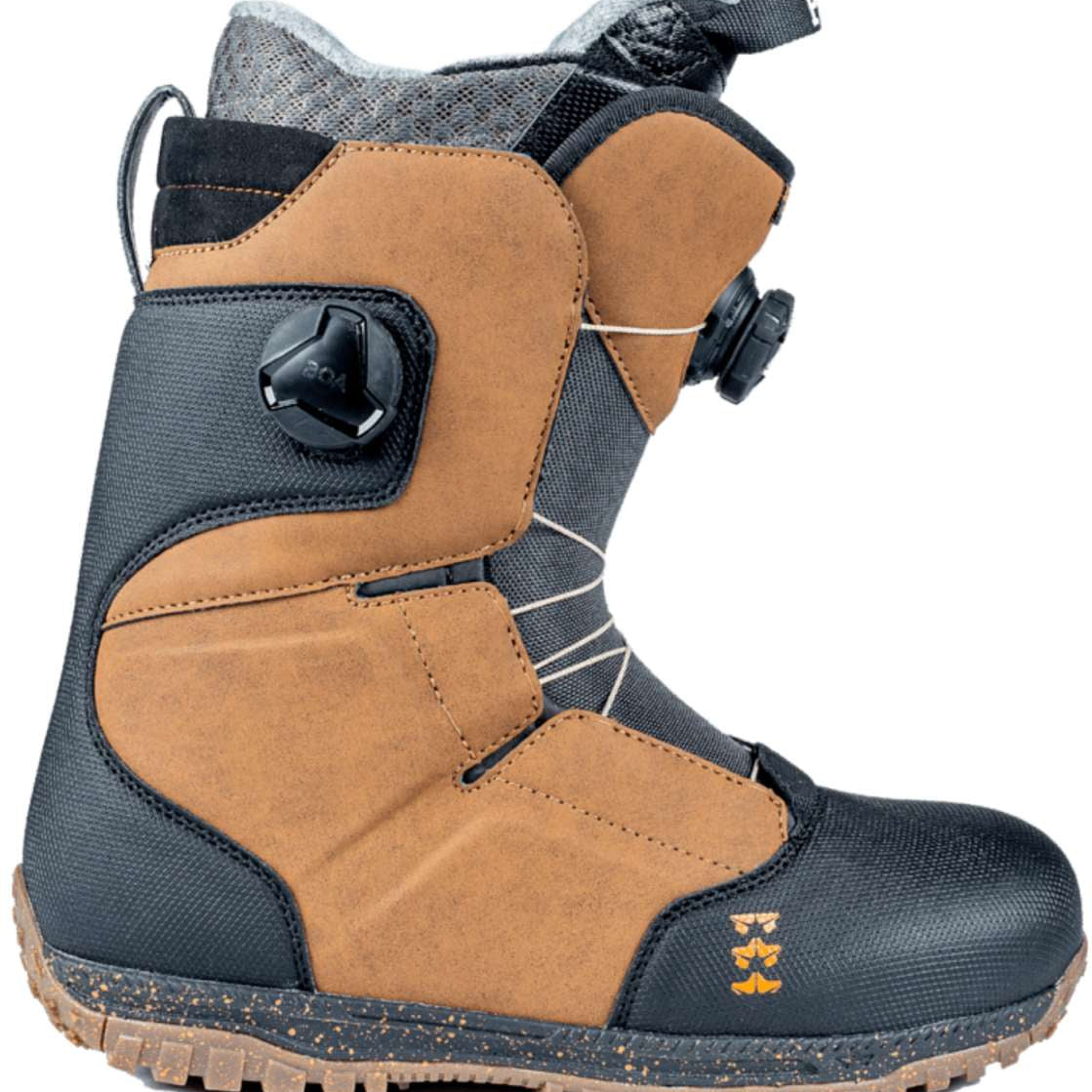 Rome Ladies Bodega BOA Snowboard Boot 2024 - A tan and black snowboard boot with a mesh top and brown speckled sole.