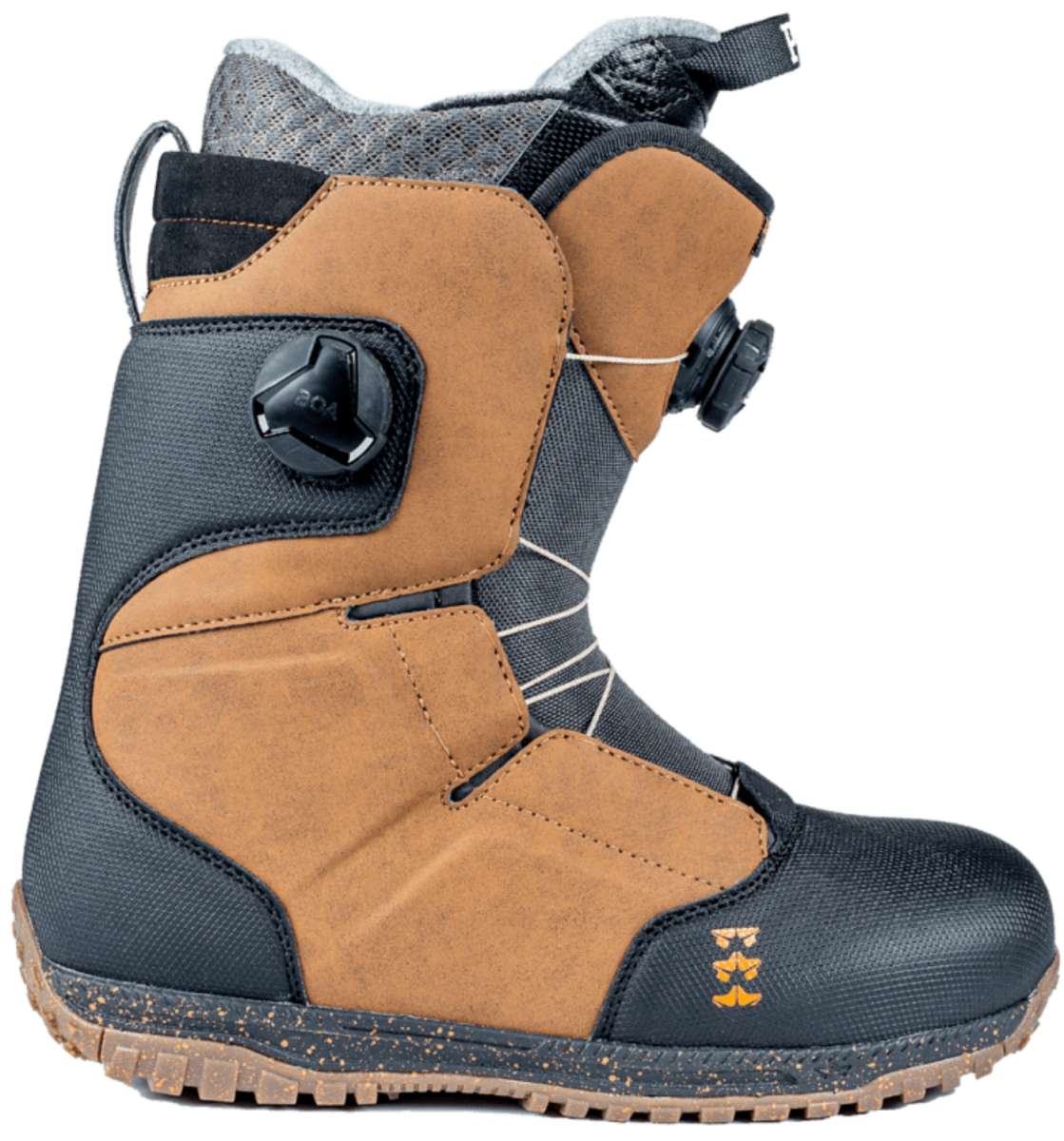 Rome Ladies Bodega BOA Snowboard Boot 2024 - A tan and black snowboard boot with a mesh top and brown speckled sole.