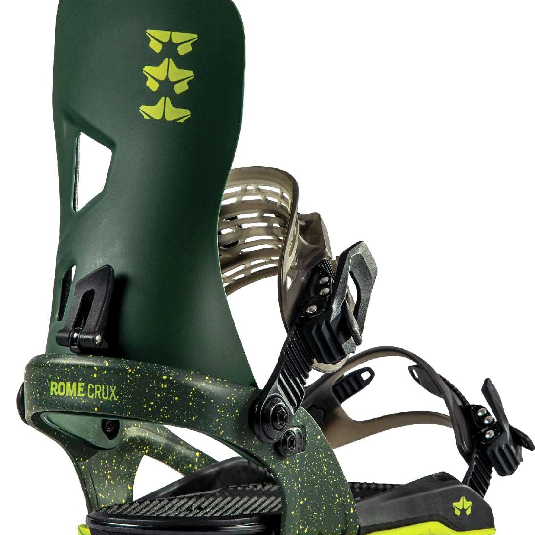 Rome Crux Snowboard Bindings 2023 - A dark green snowboard binding with yellow speckles and a logo on top of the strap.