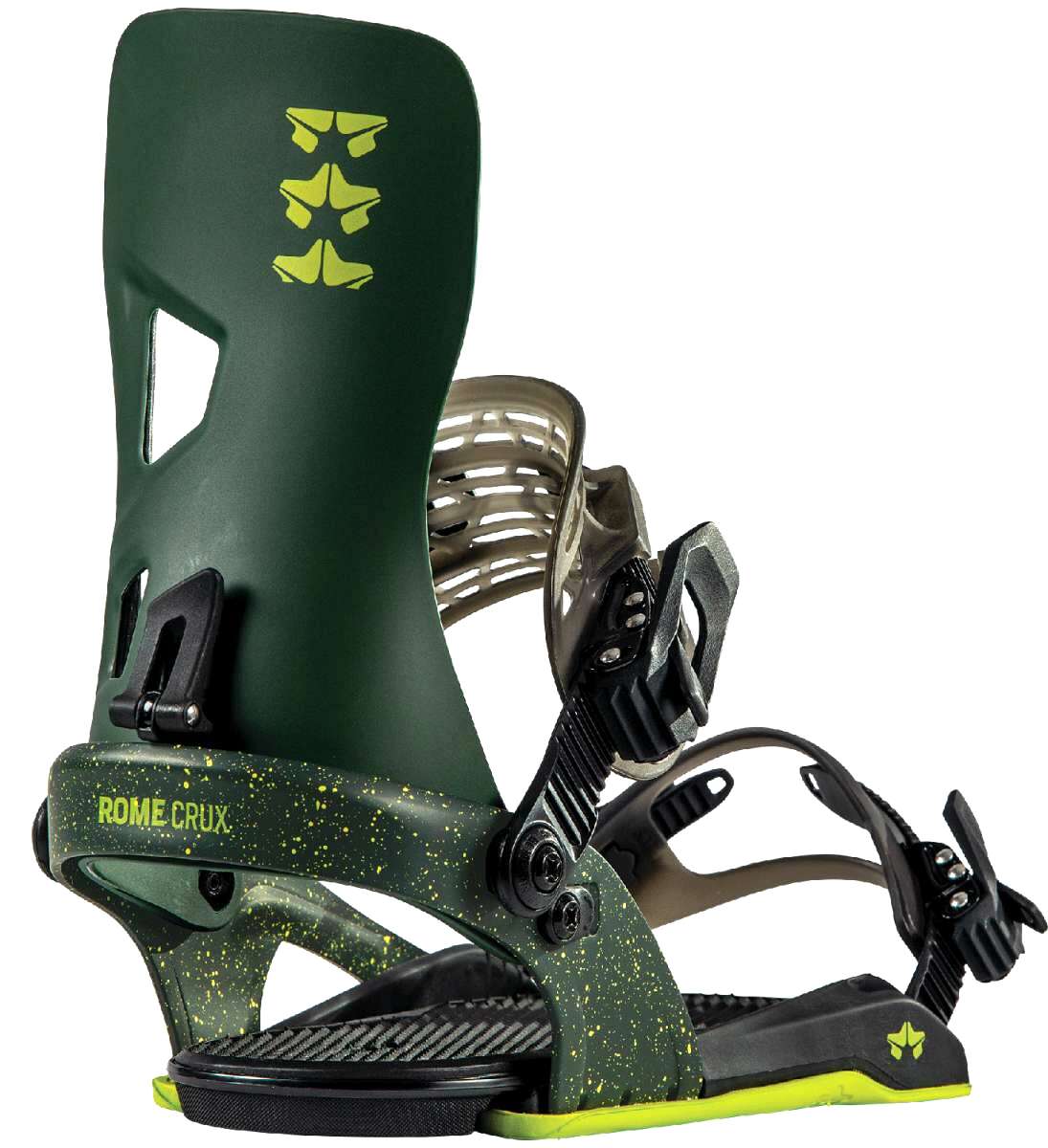 Rome Crux Snowboard Bindings 2023 - A dark green snowboard binding with yellow speckles and a logo on top of the strap.