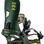 Rome Crux Snowboard Bindings 2023 - A dark green snowboard binding with yellow speckles and a logo on top of the strap.