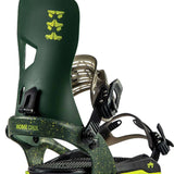 Rome Crux Snowboard Bindings 2023 - A dark green snowboard binding with yellow speckles and a logo on top of the strap.