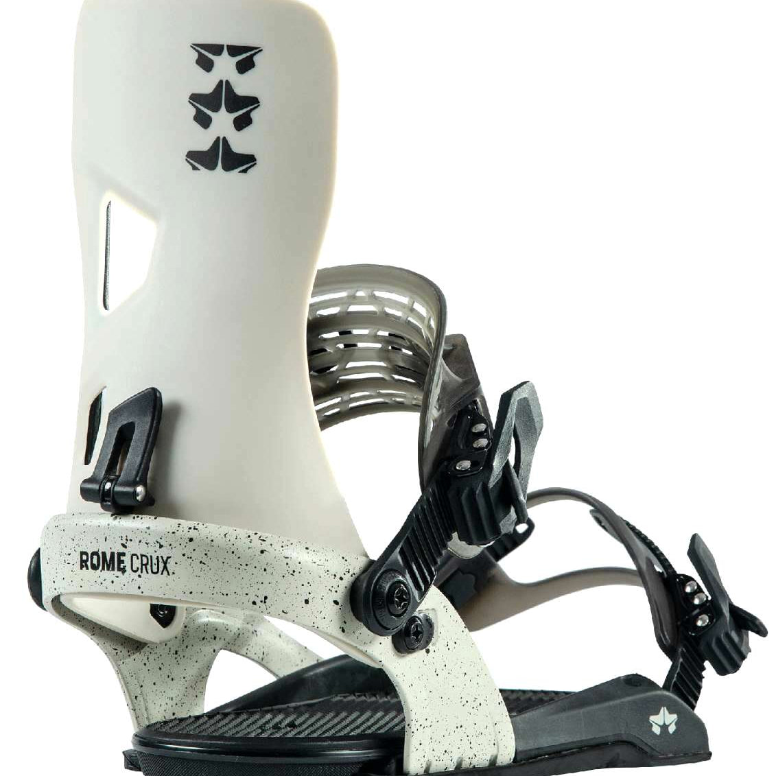 Rome Crux Snowboard Bindings 2023 - A pair of white snowboard bindings with black buckles and straps, featuring a speckled pattern on the baseplate.