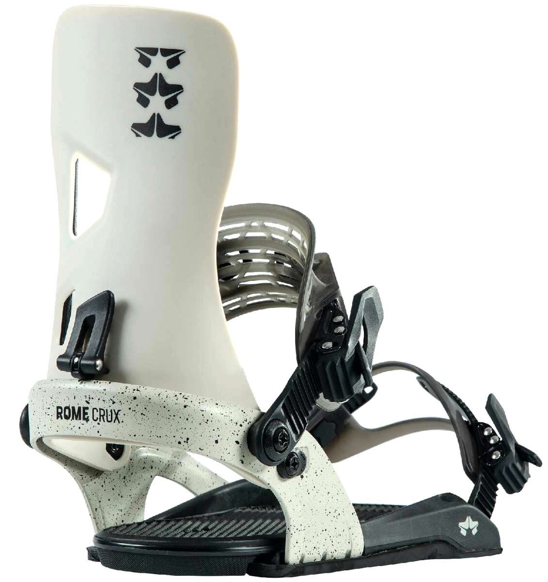Rome Crux Snowboard Bindings 2023 - A pair of white snowboard bindings with black buckles and straps, featuring a speckled pattern on the baseplate.