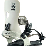 Rome Crux Snowboard Bindings 2023 - A pair of white snowboard bindings with black buckles and straps, featuring a speckled pattern on the baseplate.