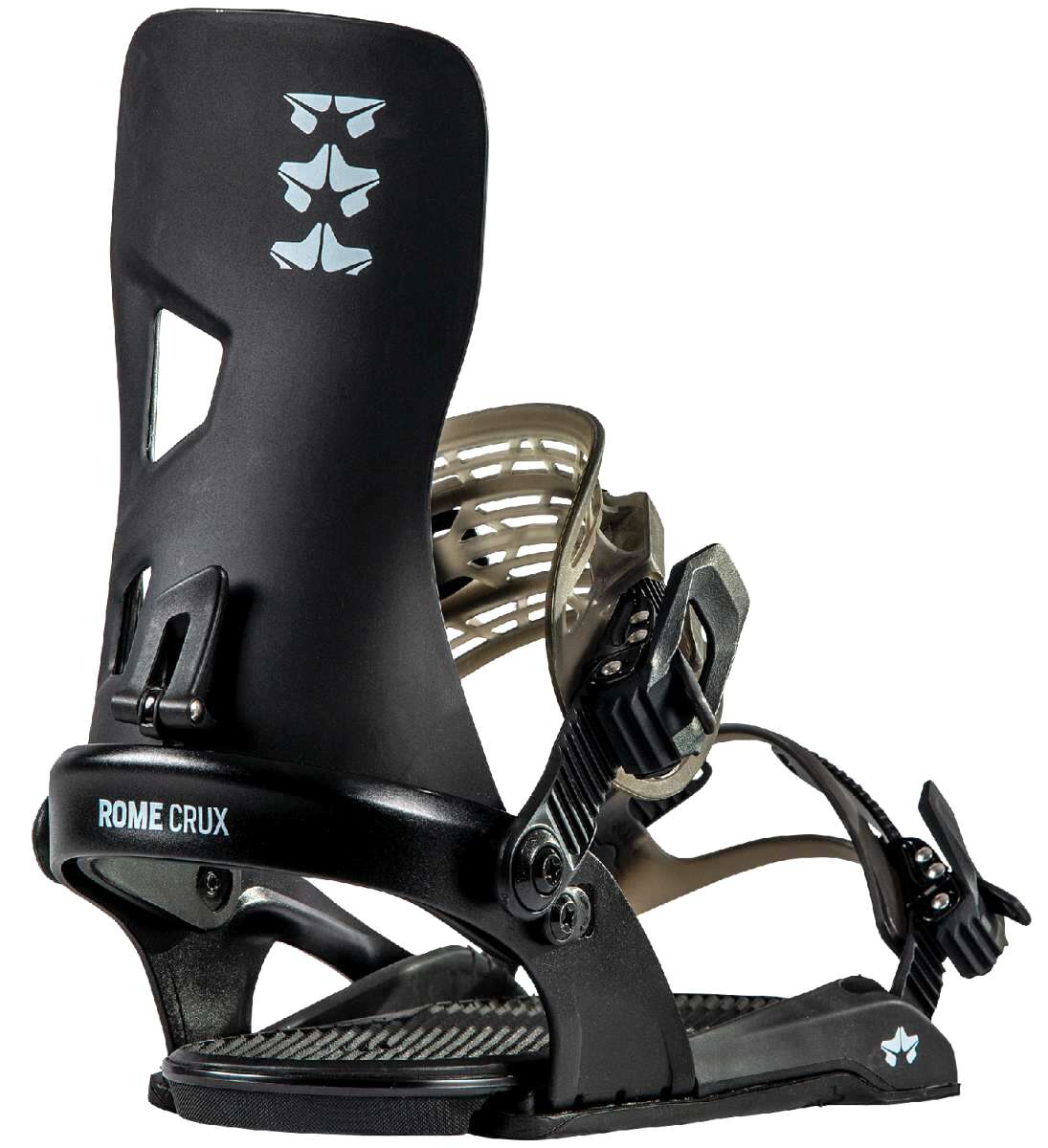 Rome Crux - Black snowboard bindings with silver buckles and straps.