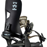 Rome Crux - Black snowboard bindings with silver buckles and straps.