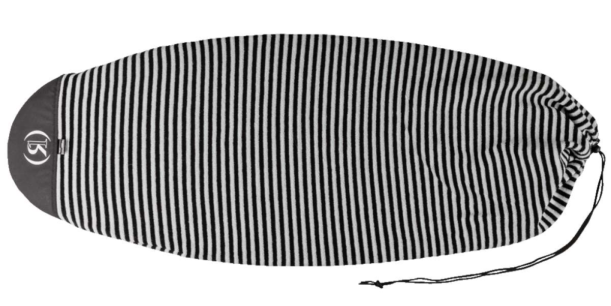 Ronix Sleeping Sack Round Surf Sock 2022 - A black and white striped sleeping bag with a zipper at the top, laid flat on a solid surface.