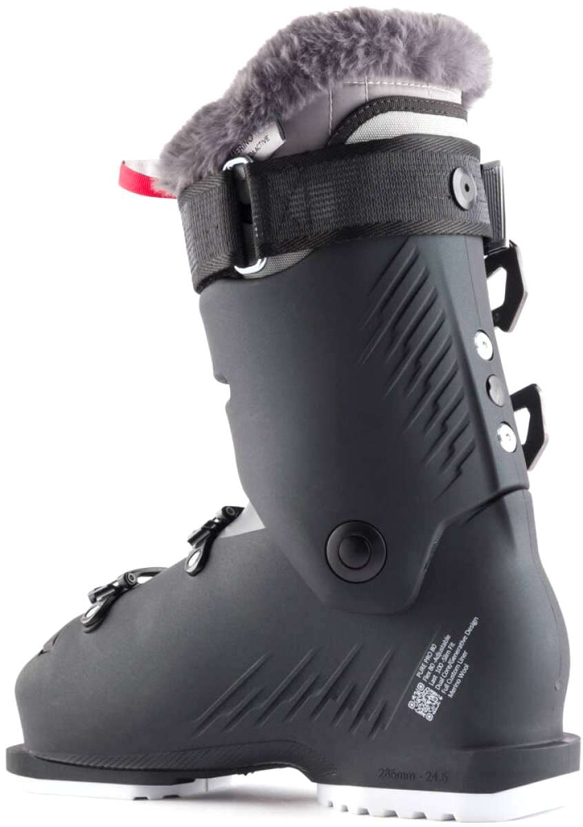 Rossignol Ladies Pure Pro 80 Ski Boots 2024 - Black ski boots with a silver buckle and white trim.