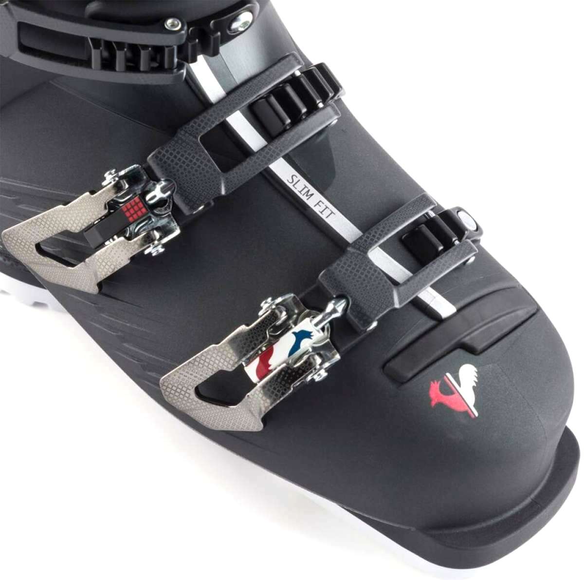 Rossignol Ladies Pure Pro 80 Ski Boots 2024 - Black ski boots with silver buckles and red, white, and blue logos on the side.