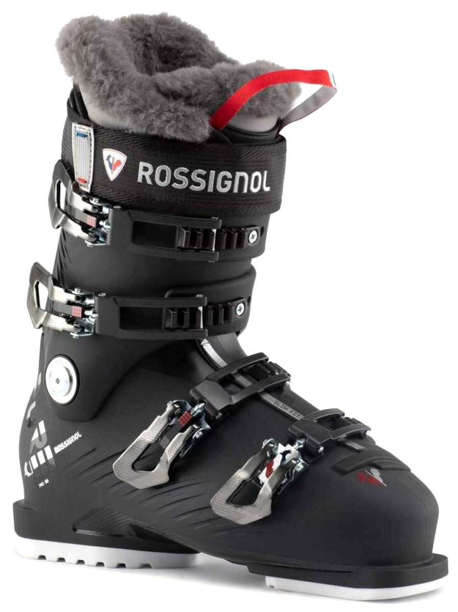 Rossignol Ladies Pure Pro 80 Ski Boots 2024 - Black ski boots with white lettering and a red strap on top.