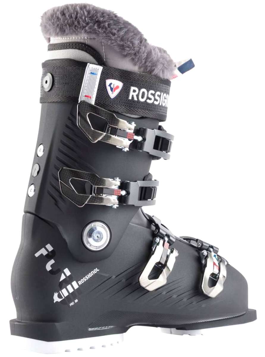 Rossignol Ladies Pure Pro 80 Ski Boots 2024 - Black ski boots with silver buckles and straps, featuring a textured pattern on the side.
