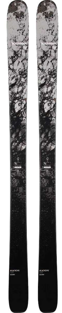 Rossignol Blackops Escaper 94 Flat Ski 2022 - A black and white ski with a marbled pattern on top, featuring a distinctive Rossignol logo at the tip.
