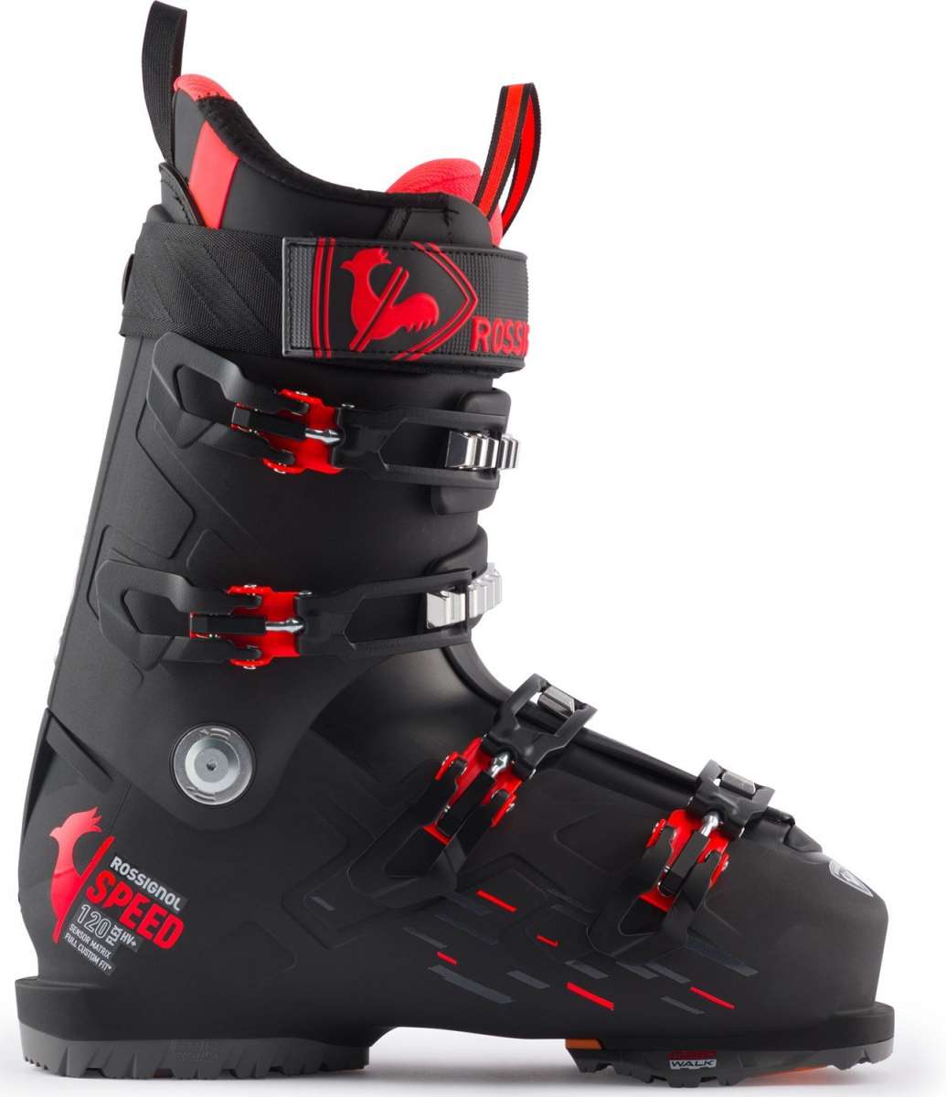 Rossignol Speed 120 HV Ski Boots 2024 - Black ski boots with red accents and a rooster logo on the side.
